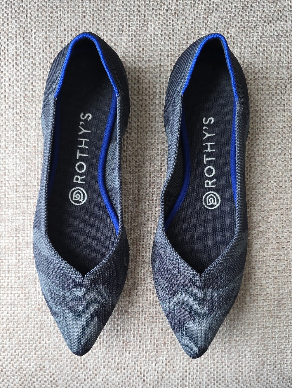 Rothy's The Point Knit Flats Pointed Toe in Dark Camo Charcoal Black Wide 7.5W